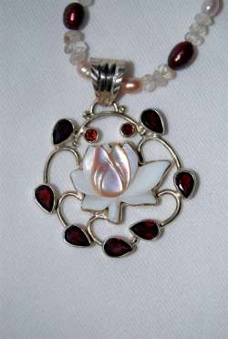 Garnet with Mother of Pearl, Clear Quartz Pearls